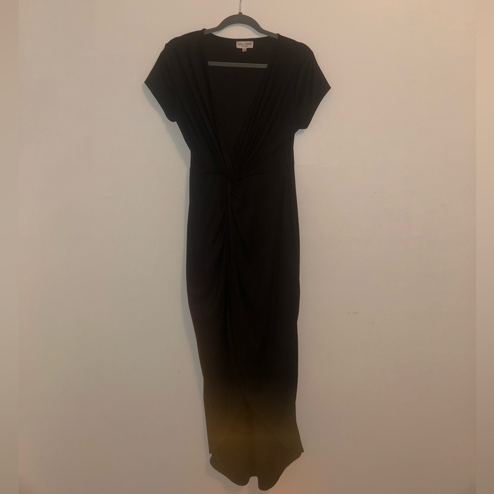 Black overlap v-neck dress.